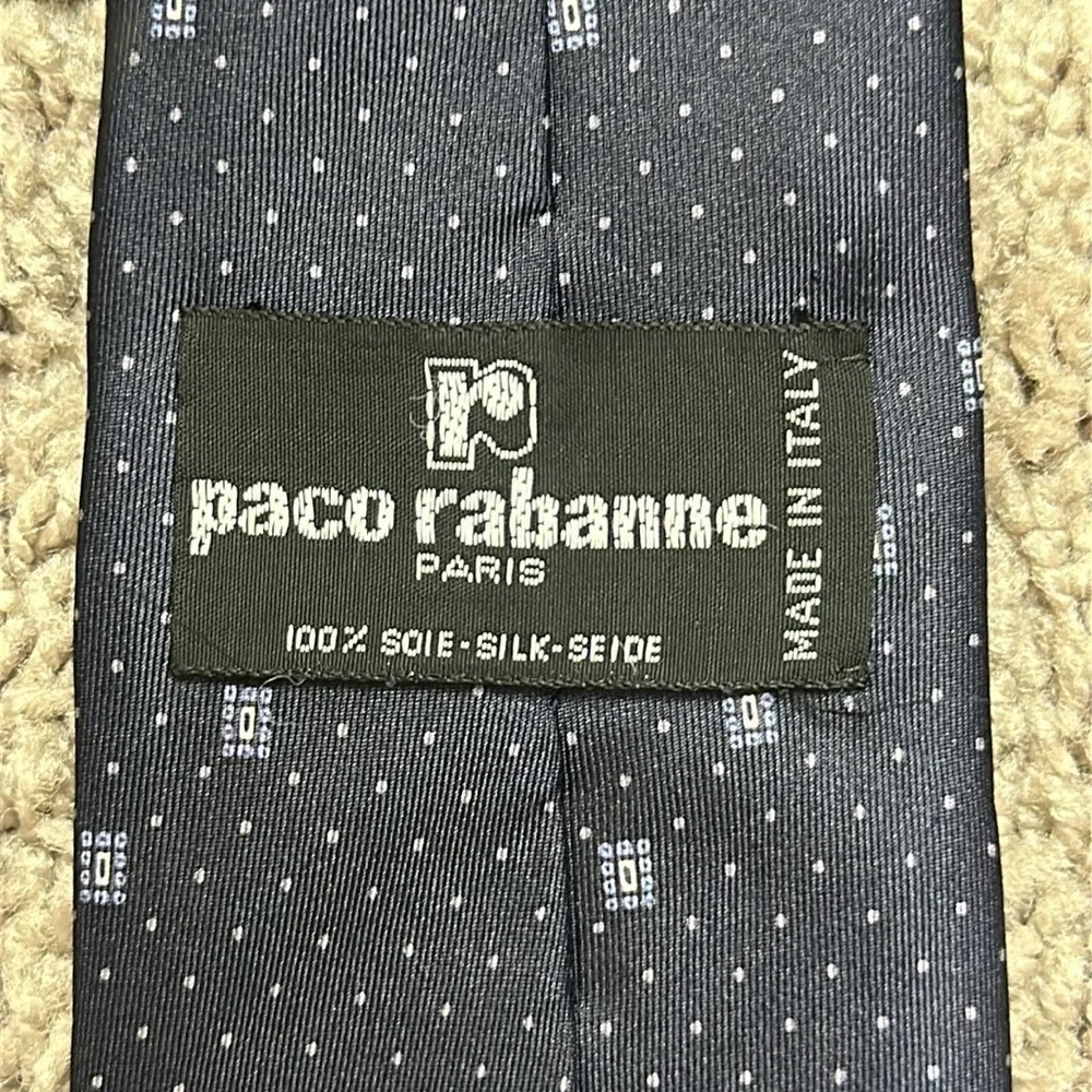 PACO RABANNE Paris Men’s Silk Tie Navy Blue Made In Italy